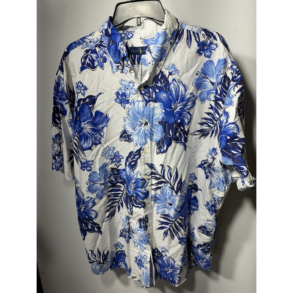 Polo Ralph Lauren Hawaiian Shirt XLT Men's Button Up Hibiscus Blue